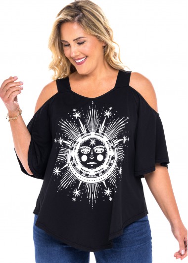 Rosewe Astrology Print Plus Size Cold Shoulder T Shirt - 3X