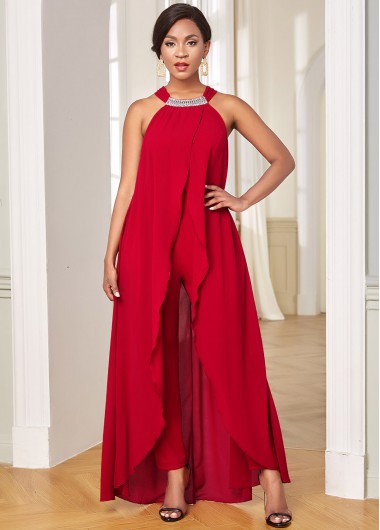 Rosewe Overlay Embellished Neck Chiffon Sleeveless Jumpsuit - XXL