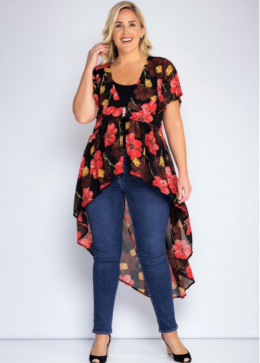 Rosewe Dovetail Pendulum Plus Size Floral Print Blouse - 3X