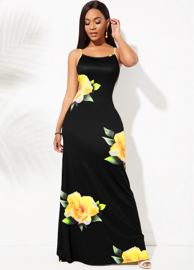 Rosewe Black Dresses Floral Print Spaghetti Strap Maxi Dress - L