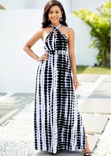 Rosewe Cocktail Party Dress Cross Strap Halter Tie Dye Print Dress - L