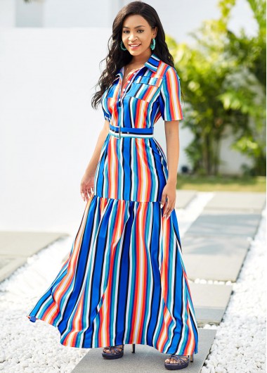 Rosewe Cocktail Party Dress Button Detail Rainbow Stripe Turndown Collar Maxi Dress - XL