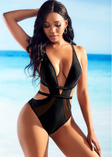 Rosewe Cutout Back Plunging Neck One Piece Swimwear - XL