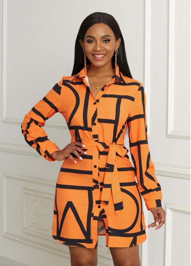 Halloween Rosewe Women Orange Geometric Print Button Up Belted Shirt Dress Long Sleeve Mini Elegant Casual Work Dress - XL