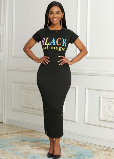 Rosewe Black Dresses Short Sleeve Letter Print Round Neck Dress - 2XL
