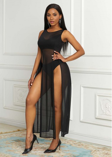 Rosewe Women Black High Slit Semi Sheer Mesh Dress Solid Color Sleeveless Dress - M