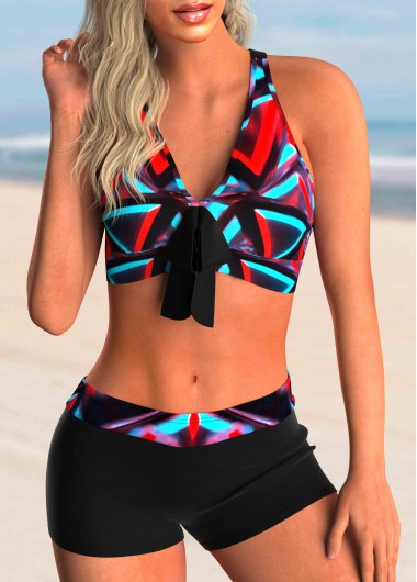 Rosewe Bowknot Cross Strap Colorful Printed Bikini Set - M