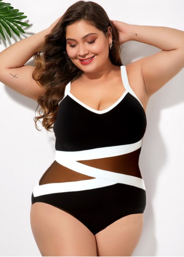 Rosewe Contrast Mesh Stitching Plus Size One Piece Swimwear - 2X