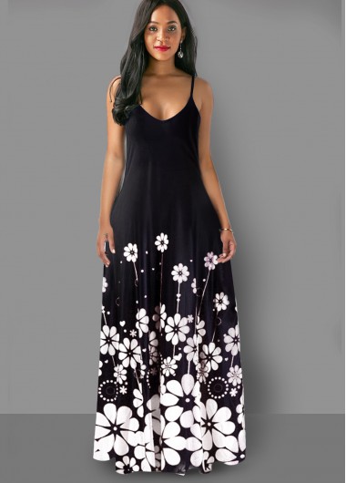 Rosewe Black Dresses Spaghetti Strap Floral Print Maxi Dress - XL