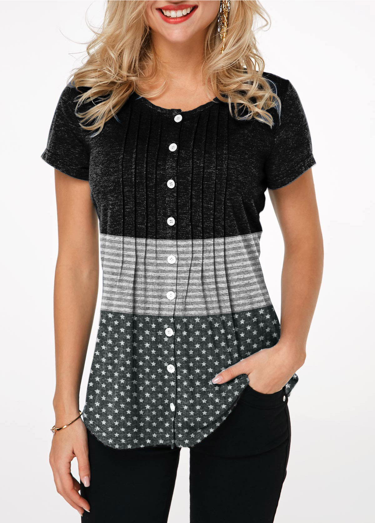 Crinkle Chest Round Neck Button Up T Shirt