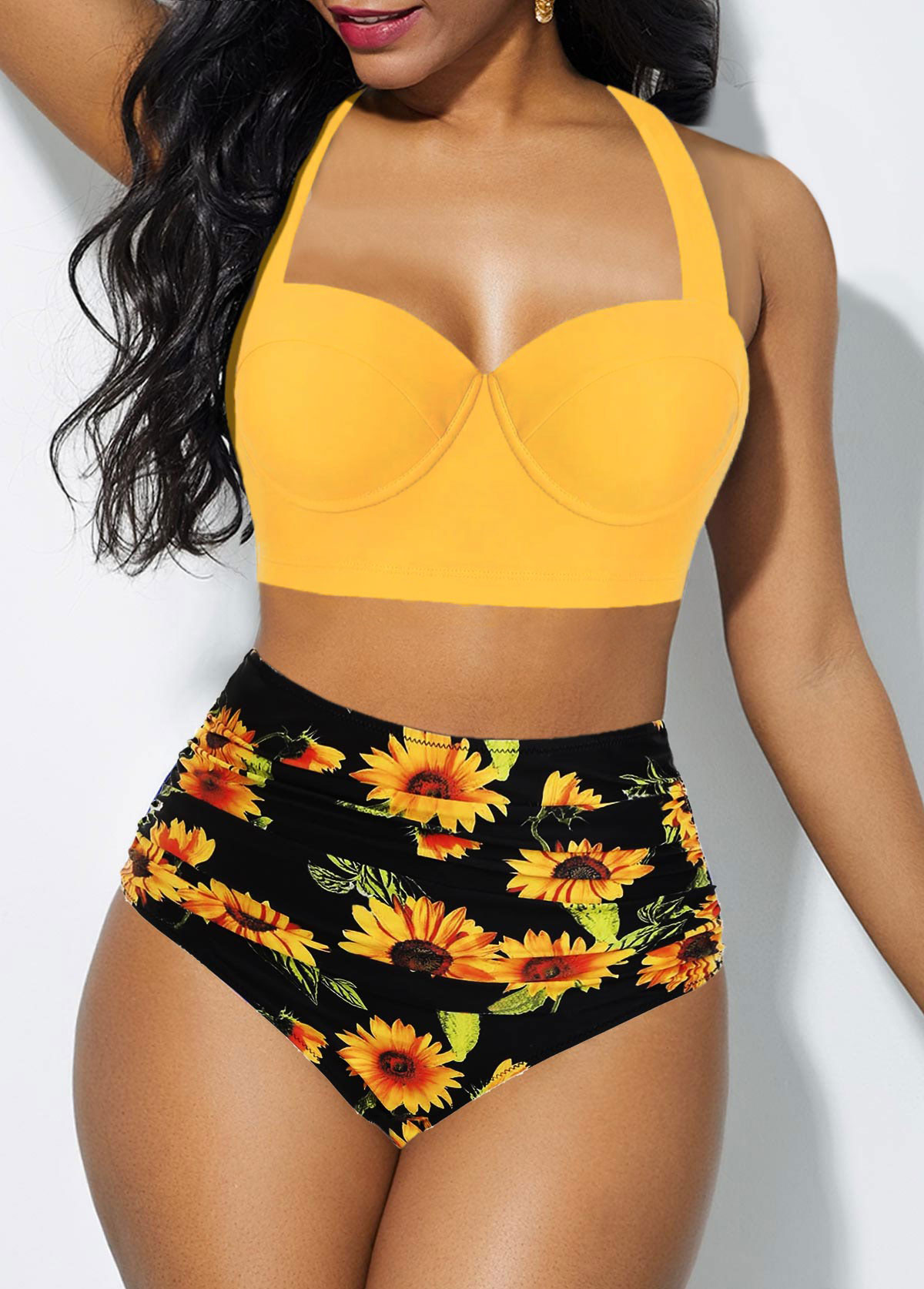 High Waist Cutout Back Halter Sunflower Print Bikini Set