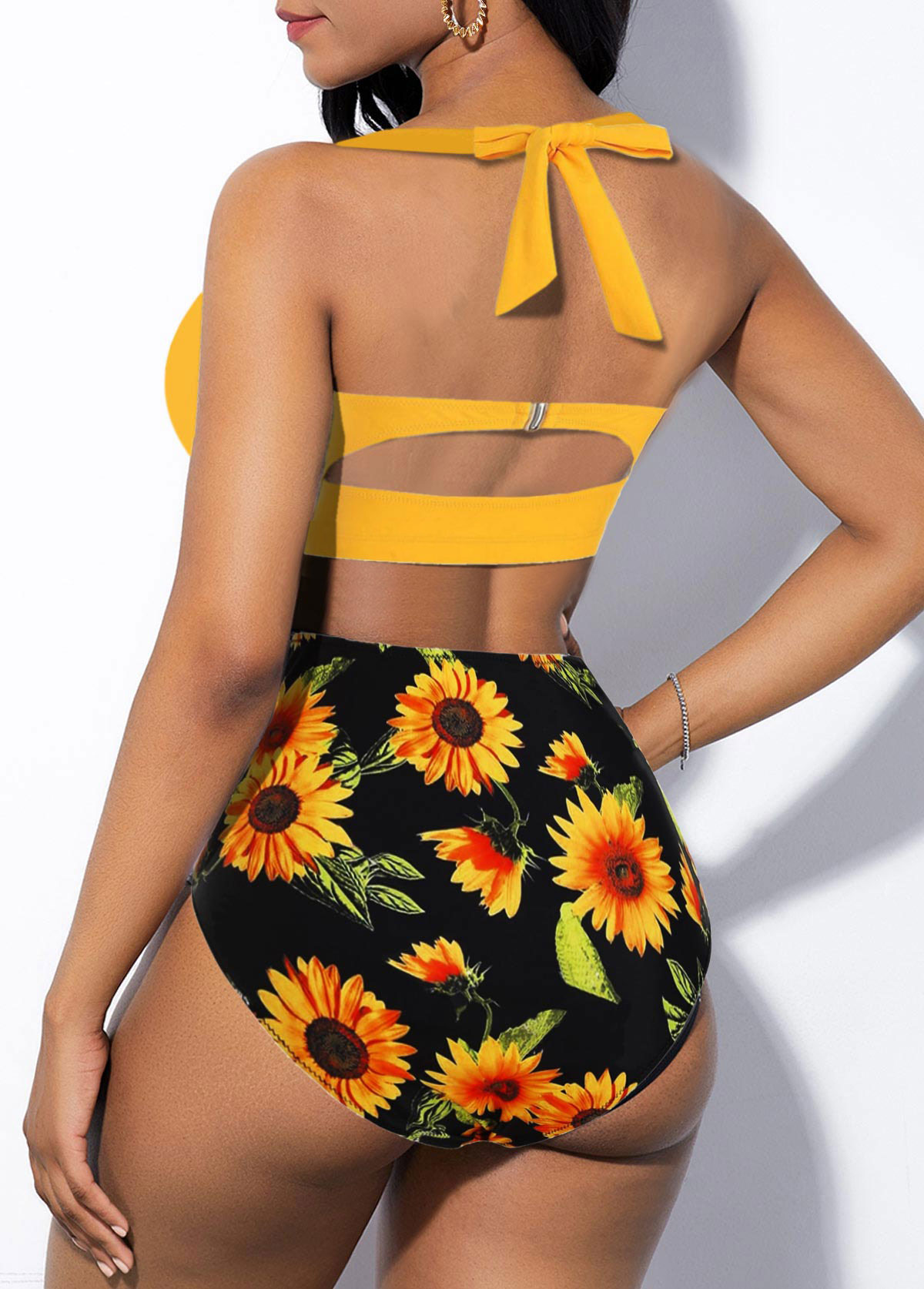 High Waist Cutout Back Halter Sunflower Print Bikini Set