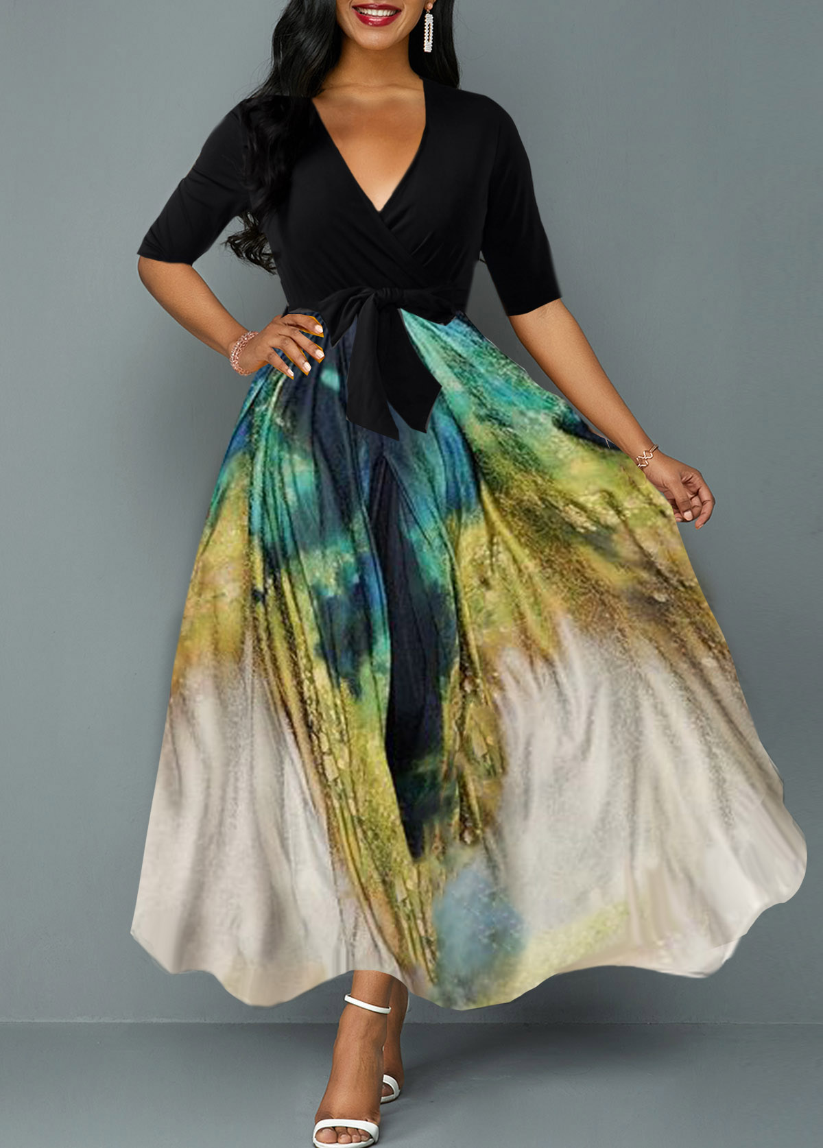 Belted Tie Dye Print Plunging Neck Maxi Dress