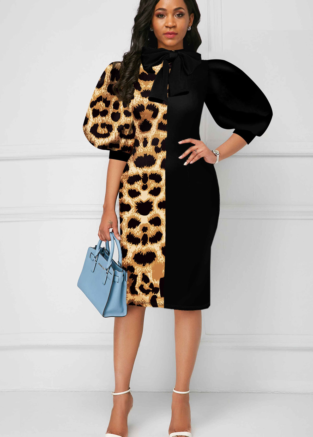 Leopard Bowknot Puff Sleeve Color Block Dress
