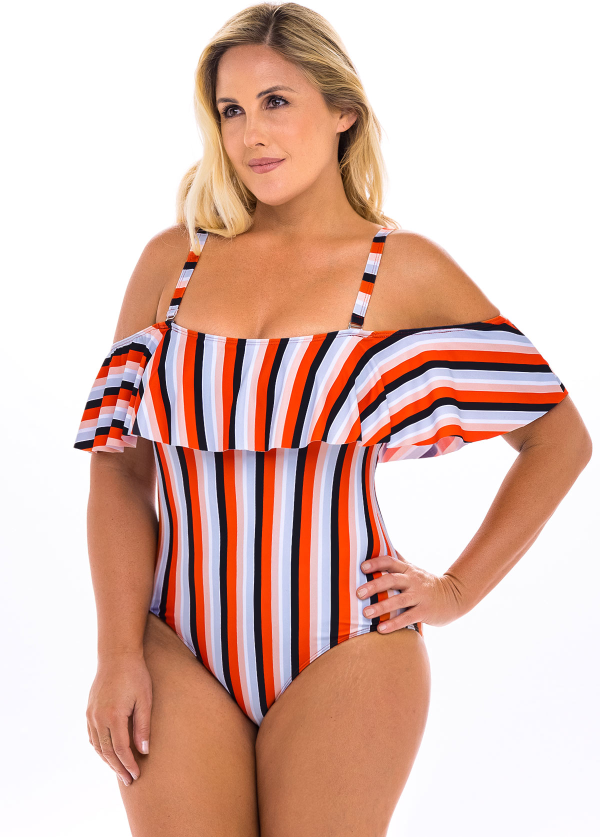 Striped Cold Shoulder Plus Size One Piece Swimwear