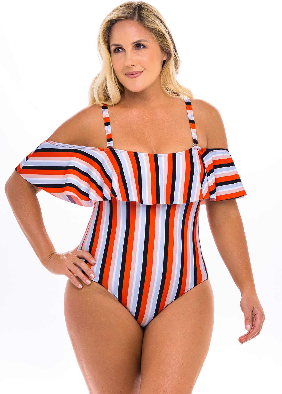 Striped Cold Shoulder Plus Size One Piece Swimwear