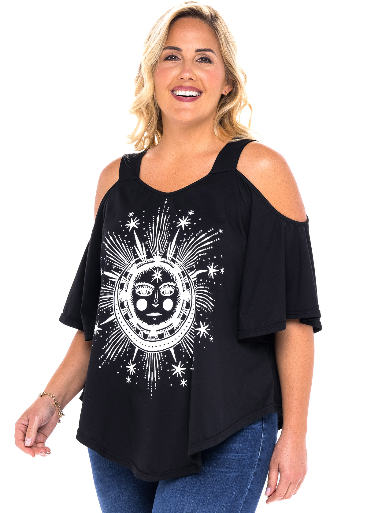 Astrology Print Plus Size Cold Shoulder T Shirt