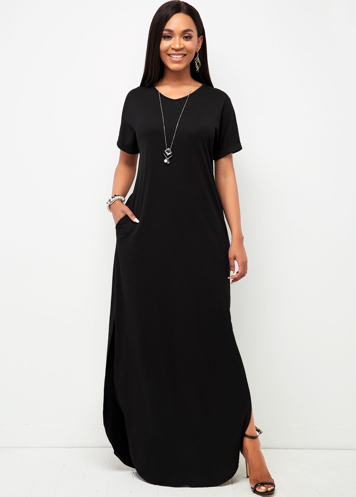 Pocket V Neck Black Casual Dress