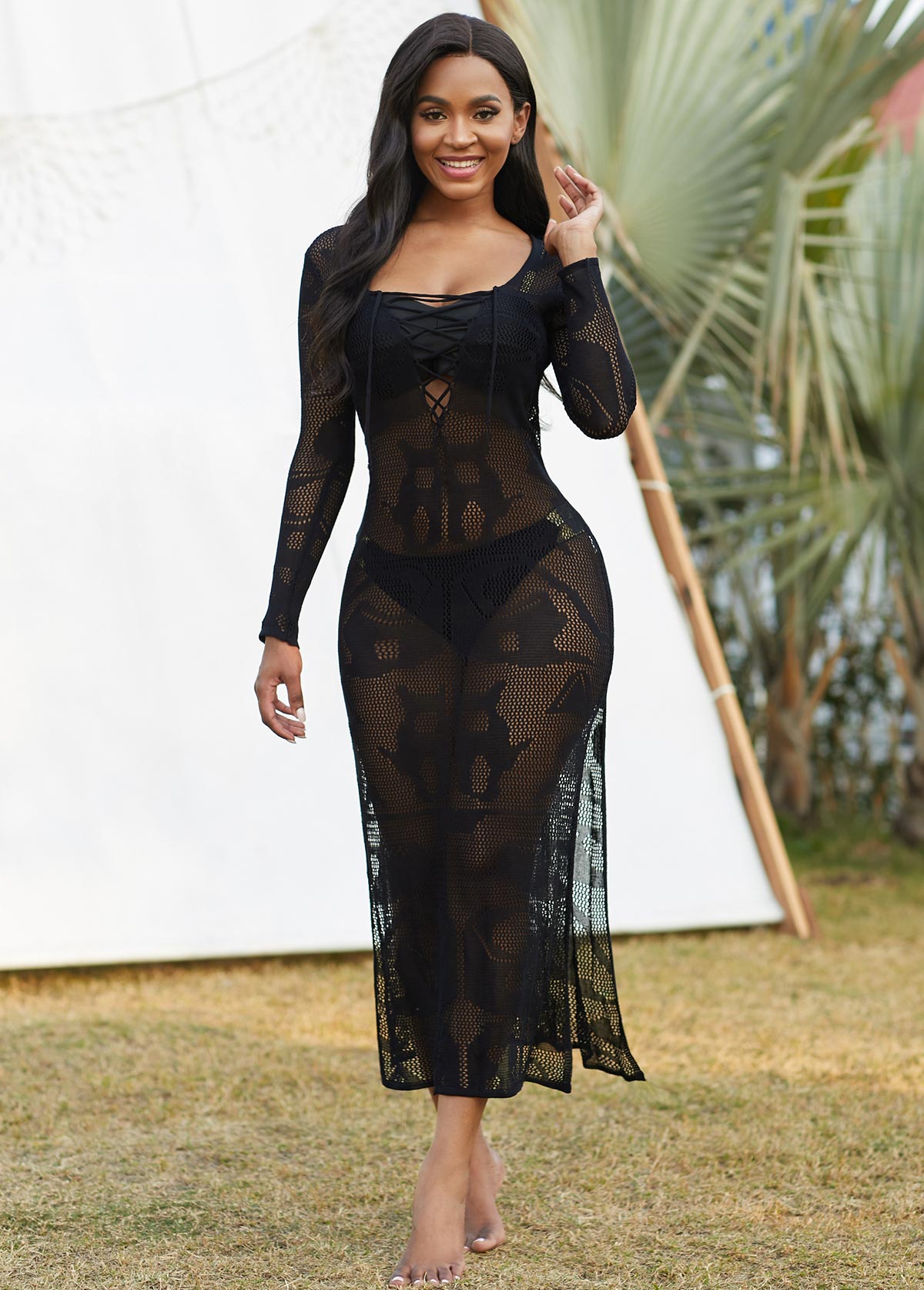 Sheer Side Slit Lace Up Cover Up