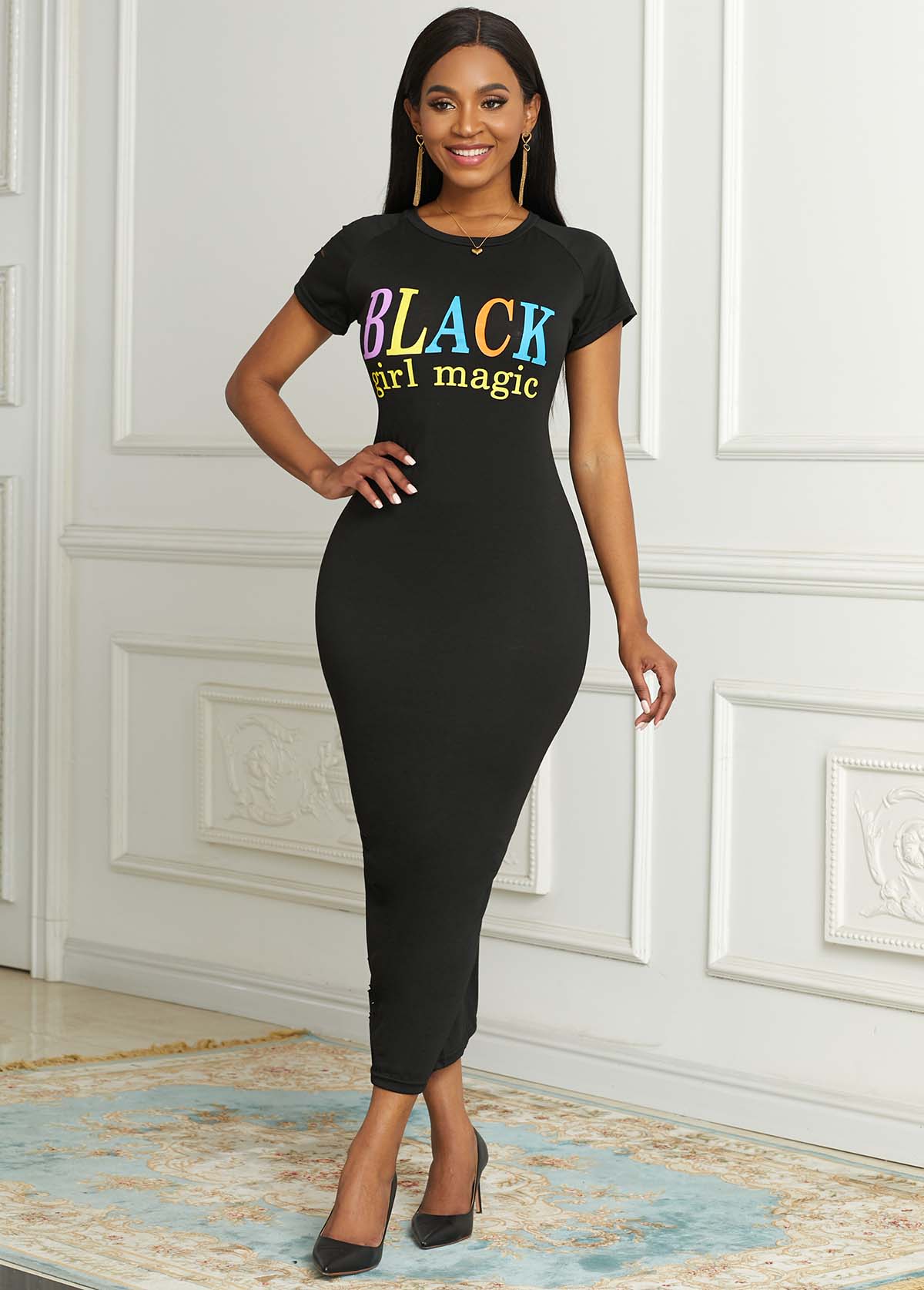 Short Sleeve Letter Print Round Neck Dress