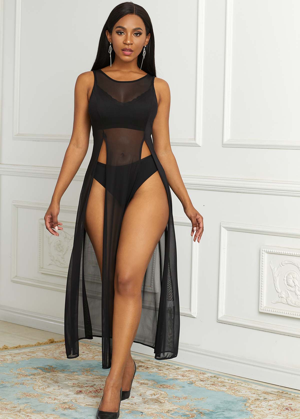 High Slit Semi Sheer Mesh Dress