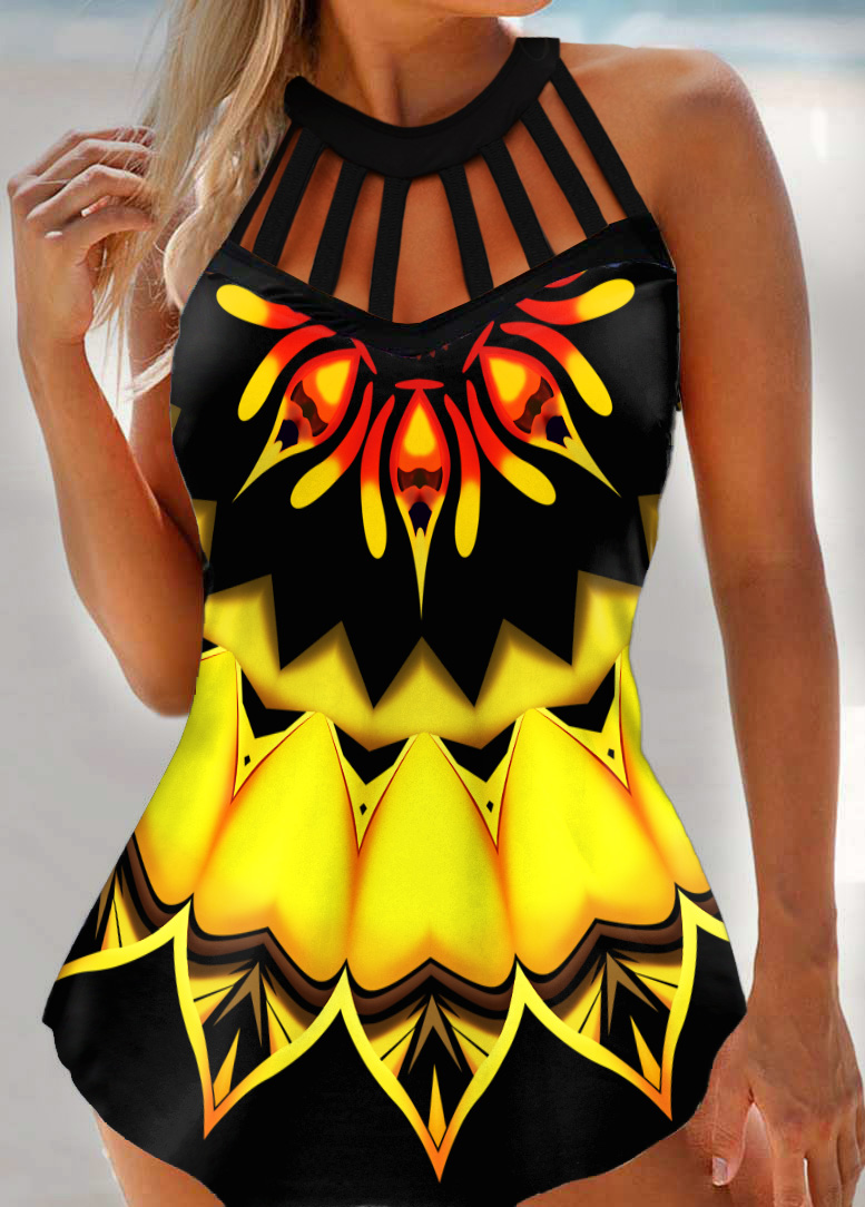 Tribal Print Cage Neck Swimdress and Panty