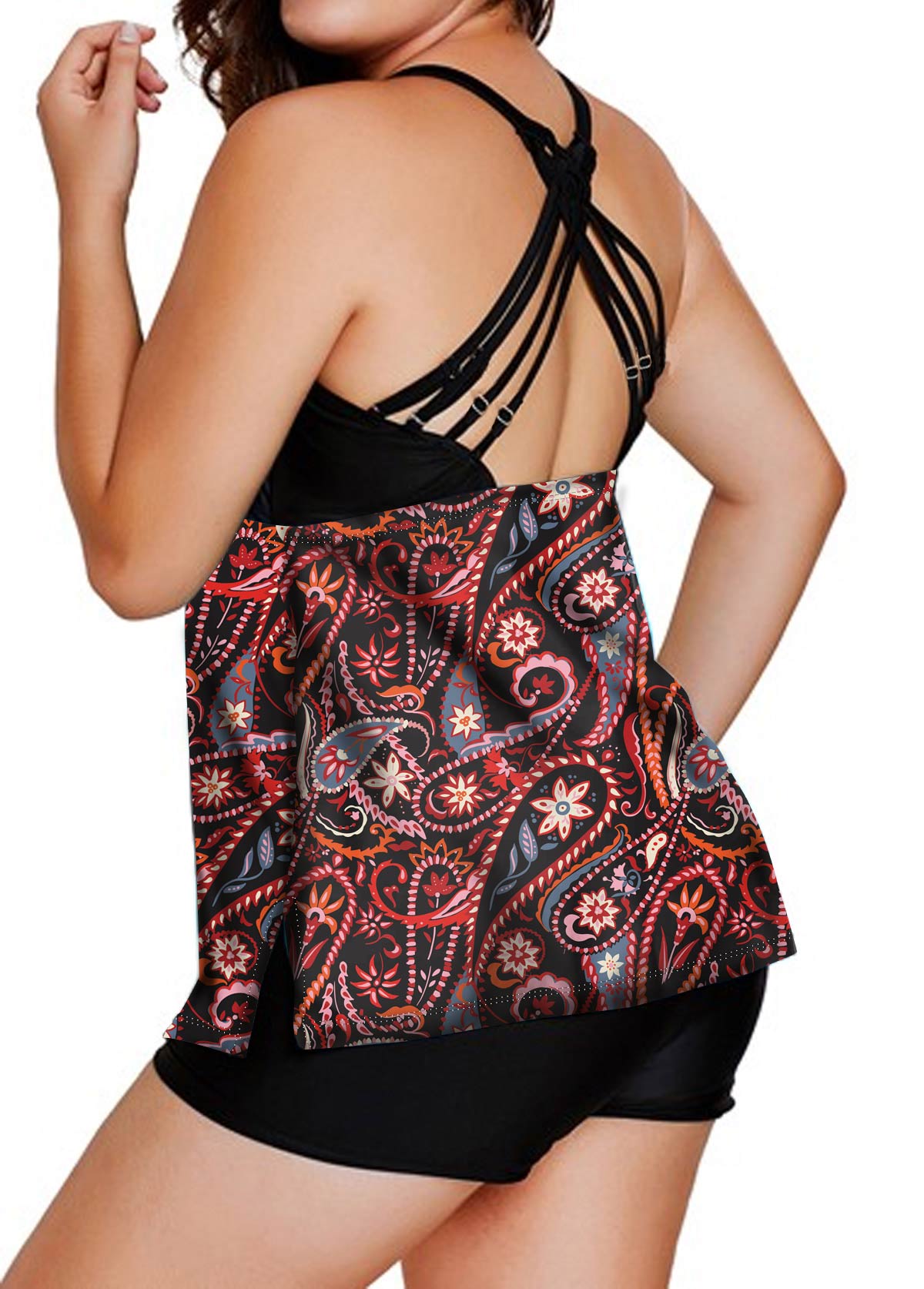 Criss Cross Back Plus Size Paisley Print Tankini Set 