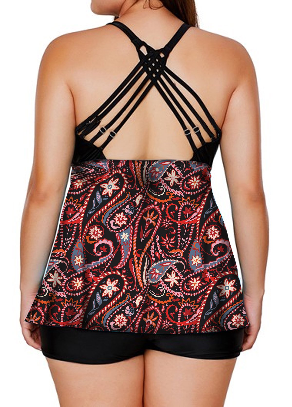 Criss Cross Back Plus Size Paisley Print Tankini Set 