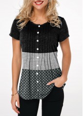 Crinkle Chest Round Neck Button Up T Shirt