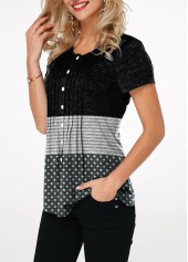 Crinkle Chest Round Neck Button Up T Shirt