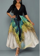 Belted Tie Dye Print Plunging Neck Maxi Dress