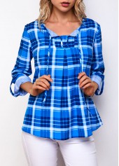 Roll Tab Sleeve Plaid Print Blouse