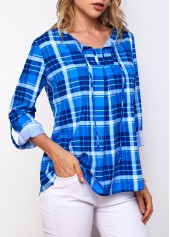 Roll Tab Sleeve Plaid Print Blouse