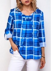 Roll Tab Sleeve Plaid Print Blouse