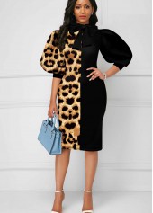 Leopard Bowknot Puff Sleeve Color Block Dress
