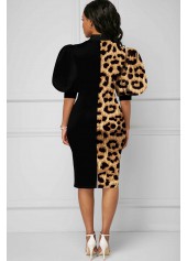 Leopard Bowknot Puff Sleeve Color Block Dress