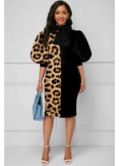 Leopard Bowknot Puff Sleeve Color Block Dress