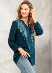 Long Sleeve Tribal Print Split Neck Blouse