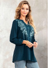 Long Sleeve Tribal Print Split Neck Blouse