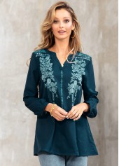 Long Sleeve Tribal Print Split Neck Blouse