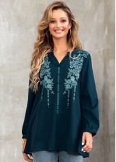 Long Sleeve Tribal Print Split Neck Blouse
