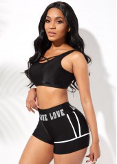 Letter Print Cross Strap High Waisted Bikini Set