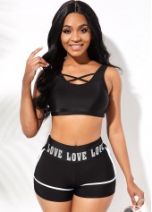 Letter Print Cross Strap High Waisted Bikini Set