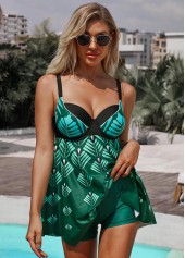 Asymmetric Hem Leaf Print Spaghetti Strap Swimdress and Shorts
