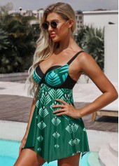 Asymmetric Hem Leaf Print Spaghetti Strap Swimdress and Shorts