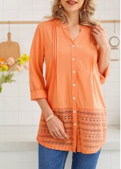 Long Sleeve Lace Stitching Button Up Blouse