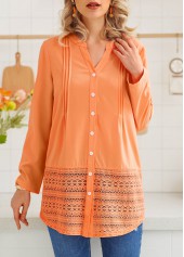 Long Sleeve Lace Stitching Button Up Blouse
