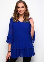 V Neck Layered Bell Sleeve Flounce Blouse