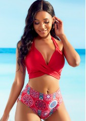 Printed High Waisted Cross Chest Bikini Set
