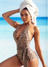 Belted Leopard Print Halter One Piece Swimwear